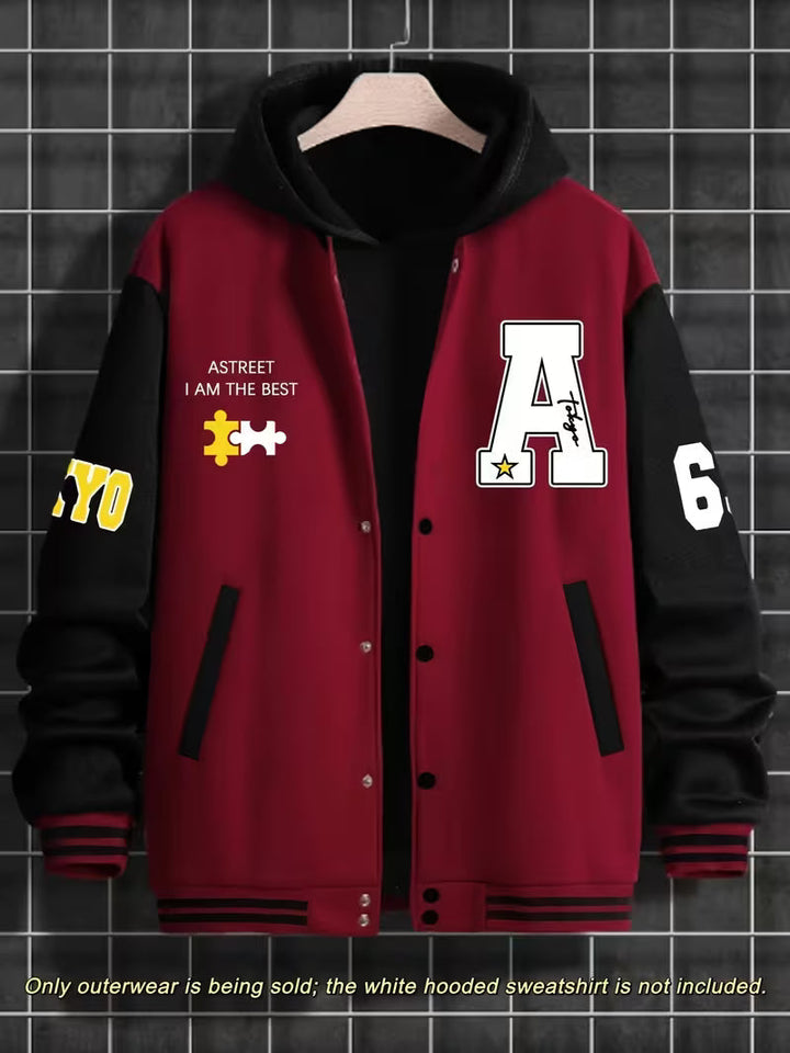 Comfortable men's color block baseball jacket. Zip-up lightweight outerwear for a sporty, casual autumn fashion statement.