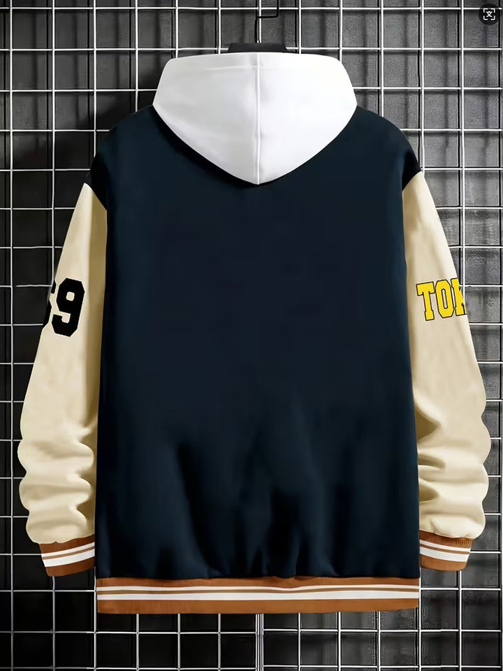 Comfortable men's color block baseball jacket. Zip-up lightweight outerwear, great for autumn casual fashion.