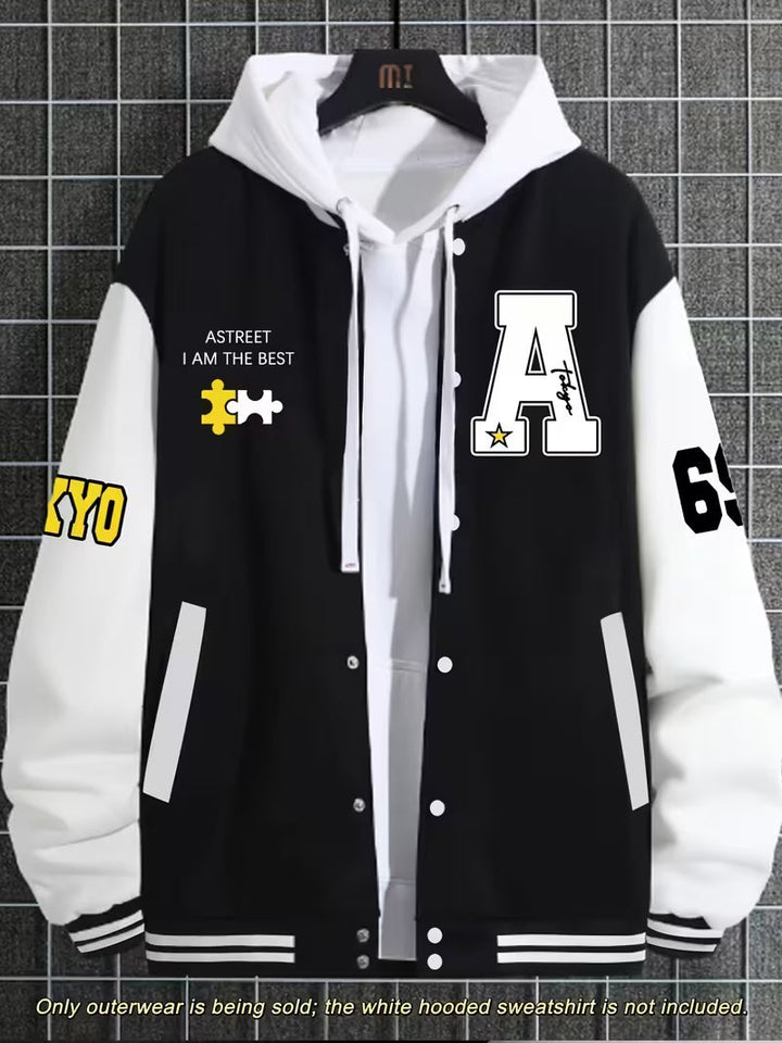 Lightweight men's color block jacket. Zip-up baseball collar outerwear for comfortable, casual streetwear style.