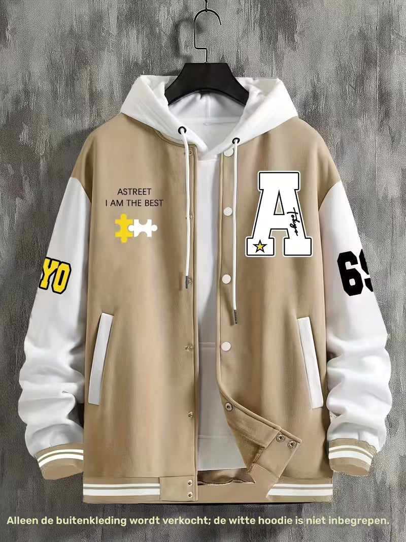 Casual men's zip-up color block jacket. Lightweight baseball collar outerwear for comfortable autumn fashion.