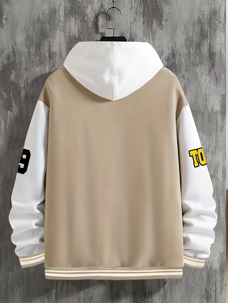 Autumn men's casual color block jacket. Lightweight zip-up baseball style outerwear for comfortable men's fashion.
