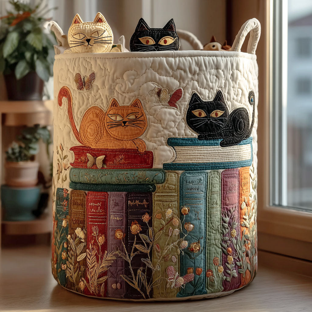 Cat Parade quilted laundry basket with cute cat print for home storage. Foldable fabric hamper for kids room or bathroom.