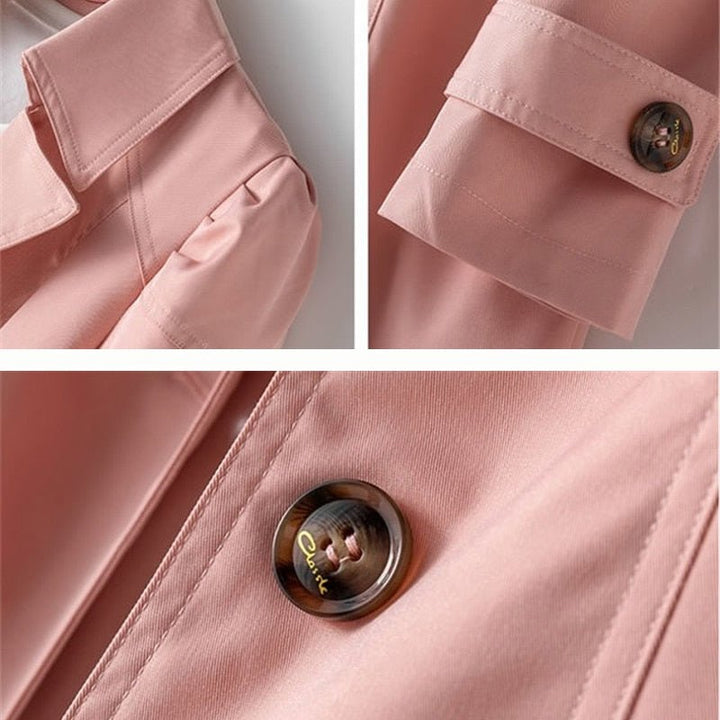 Women's long belted trench coat, a classic double-breasted outerwear staple for timeless spring & fall fashion.