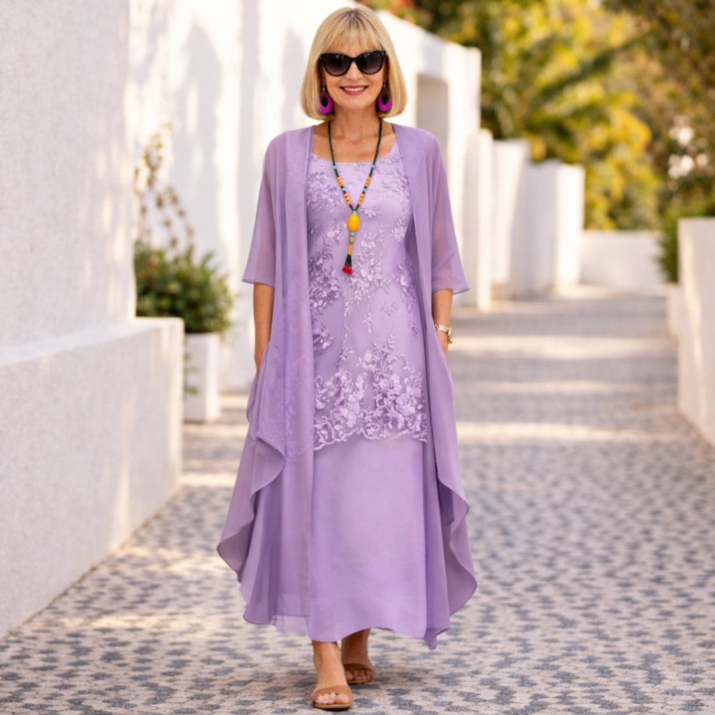 Elegant women's summer dress, knee-length, featuring a flattering smocked waist and classic round neck design.
