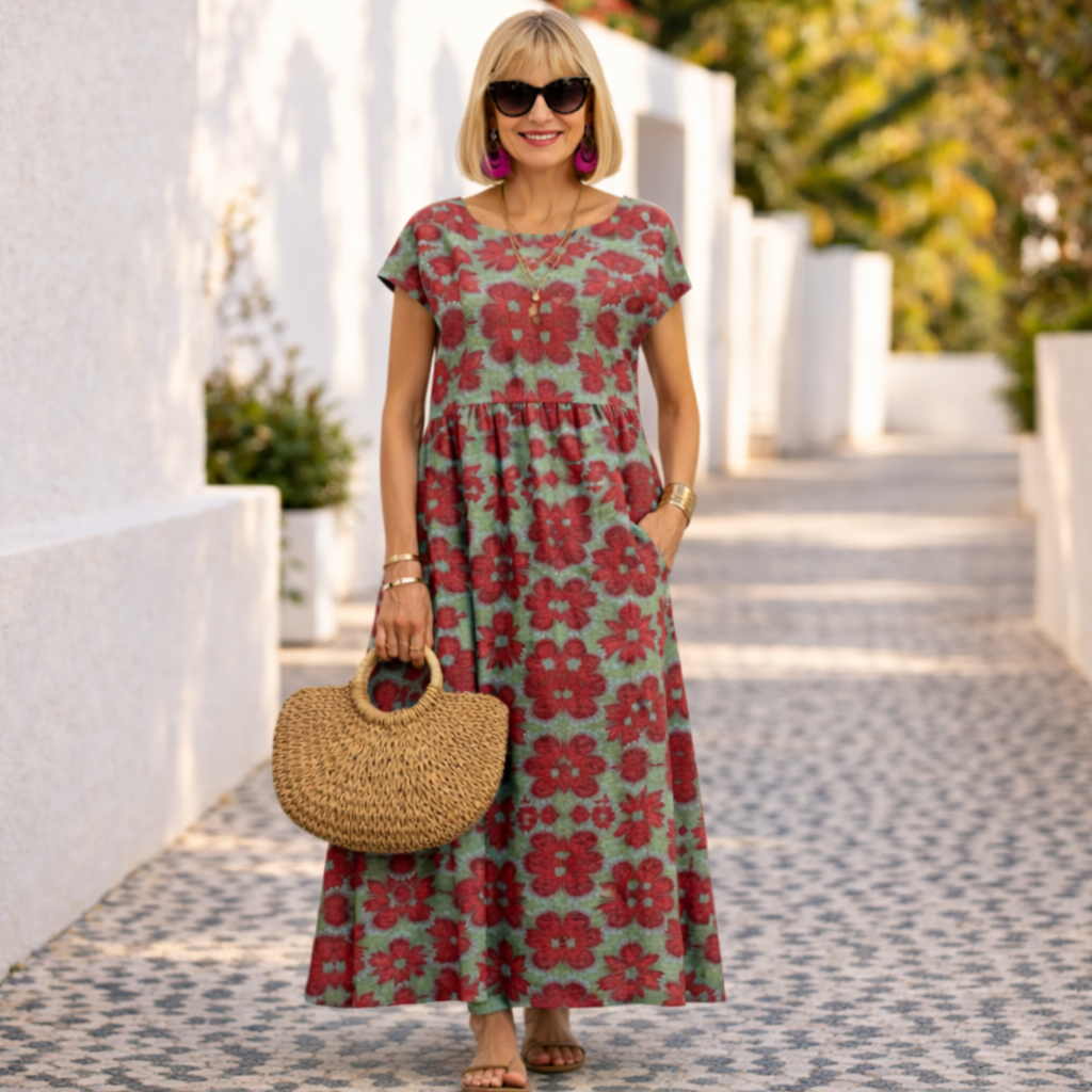 Chic women's floral V-neck midi dress for summer, perfect for casual elegance or spring fashion. [[lstfy-media:1]]