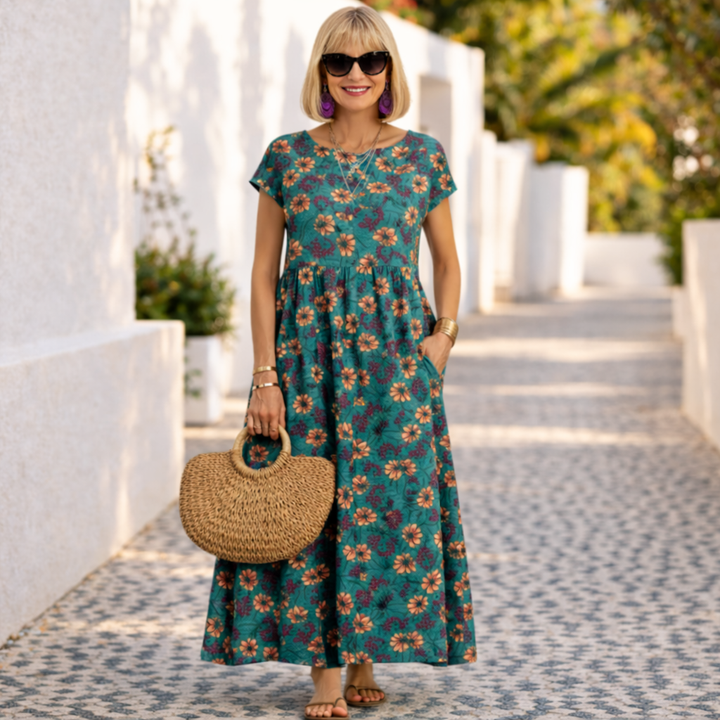 Gorgeous women's floral V-neck midi dress, a versatile summer dress blending chic style and comfort. [[lstfy-media:5]]