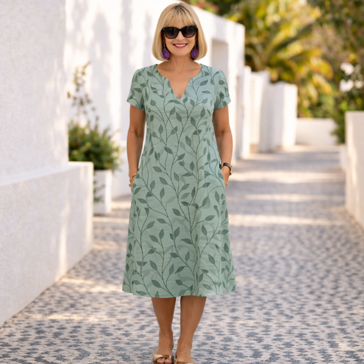 Elegant women's leaf print midi summer dress with v-neck. Perfect for casual comfort and flowy style.