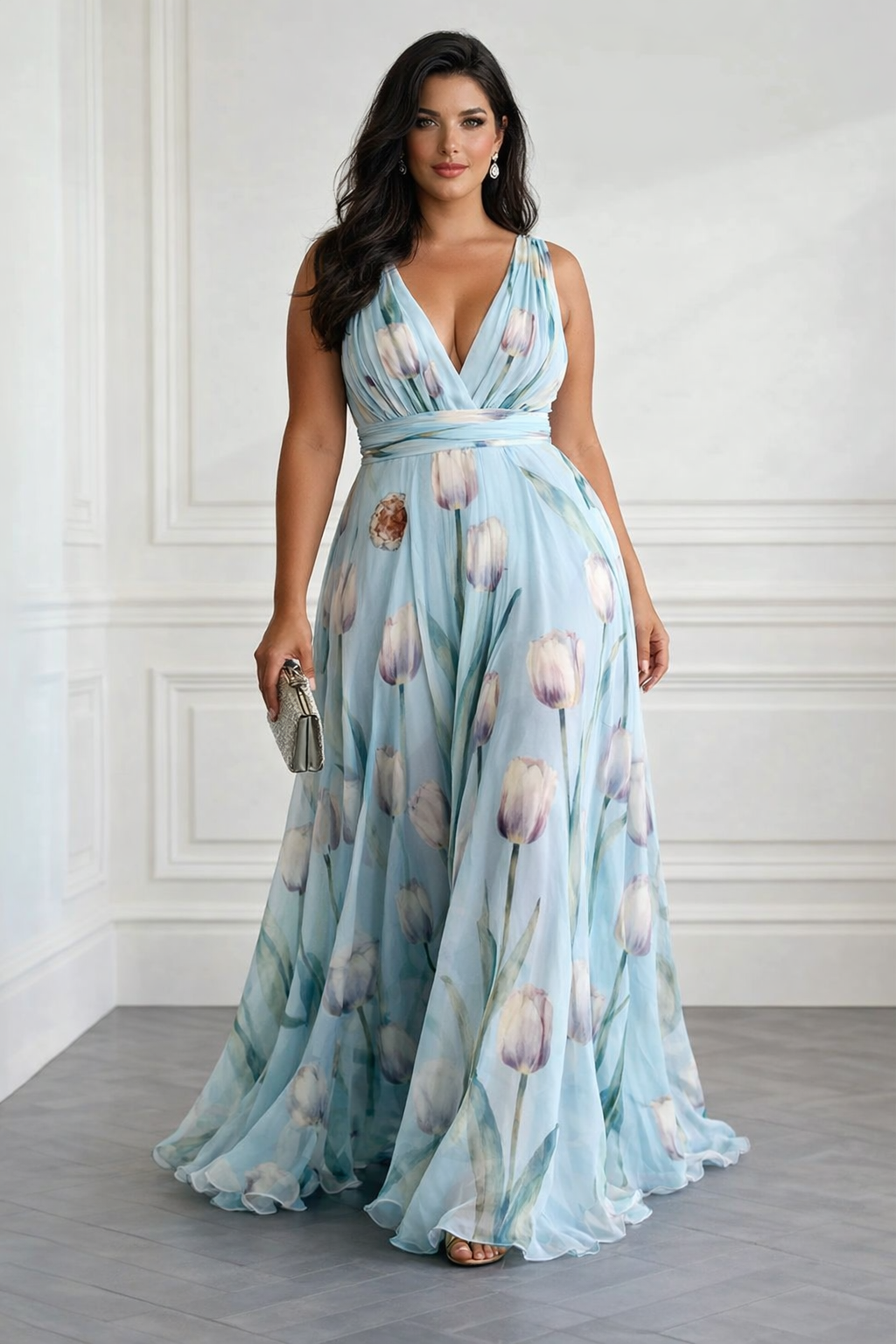 Romantic sleeveless A-line maxi dress for women, featuring a beautiful tulip print & flattering V-neck.