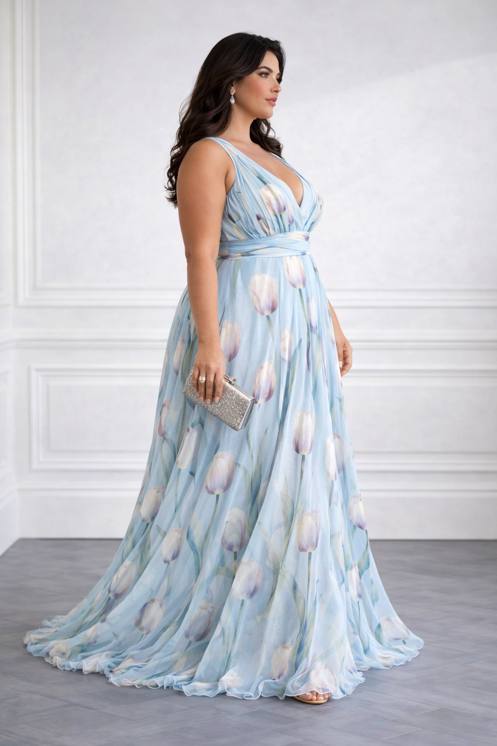 Stylish party & occasion wear: women's elegant V-neck maxi dress with vibrant tulip floral print.