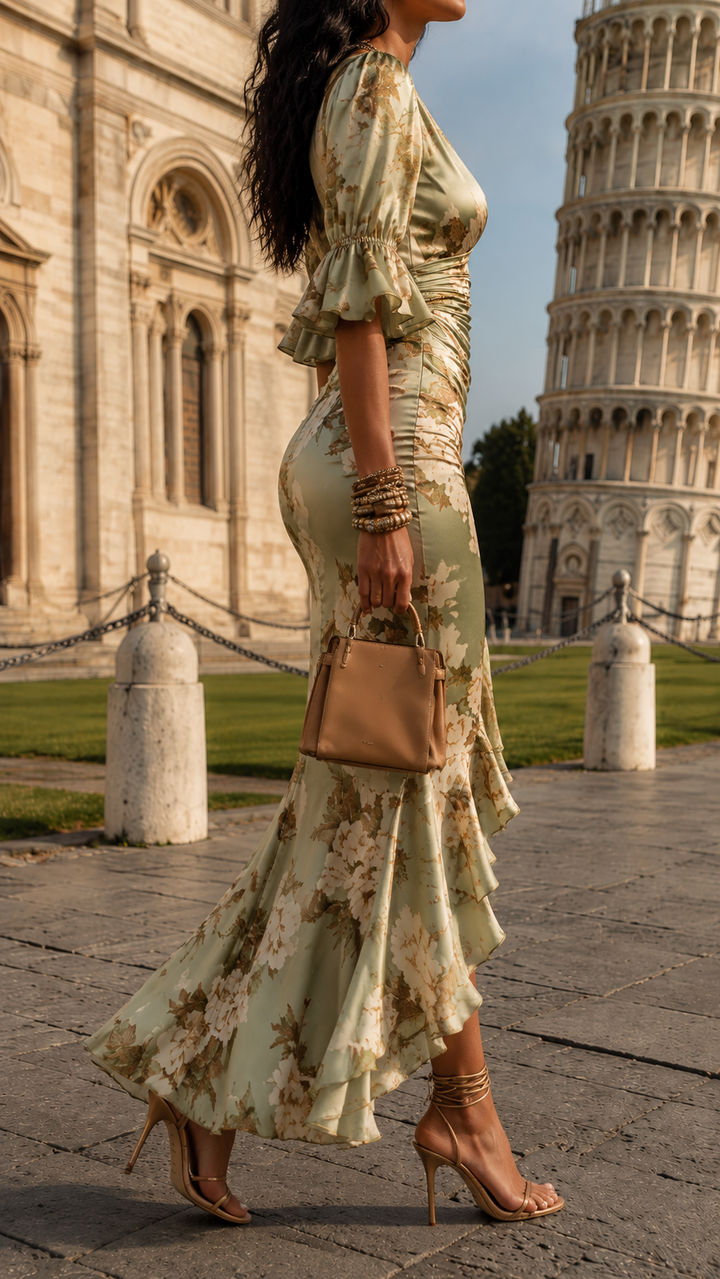 Women's long floral dress featuring a draped crossover neckline, chic ruffle sleeves, and vibrant summer print.