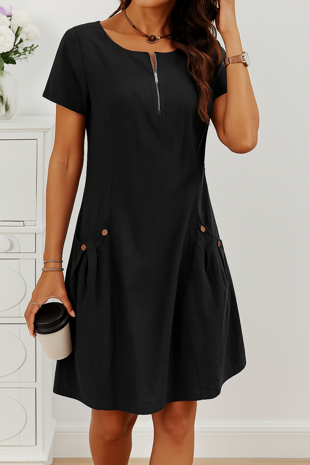 Versatile women's short sleeve summer dress, knee-length, with a chic zip front for an effortless elegant look.