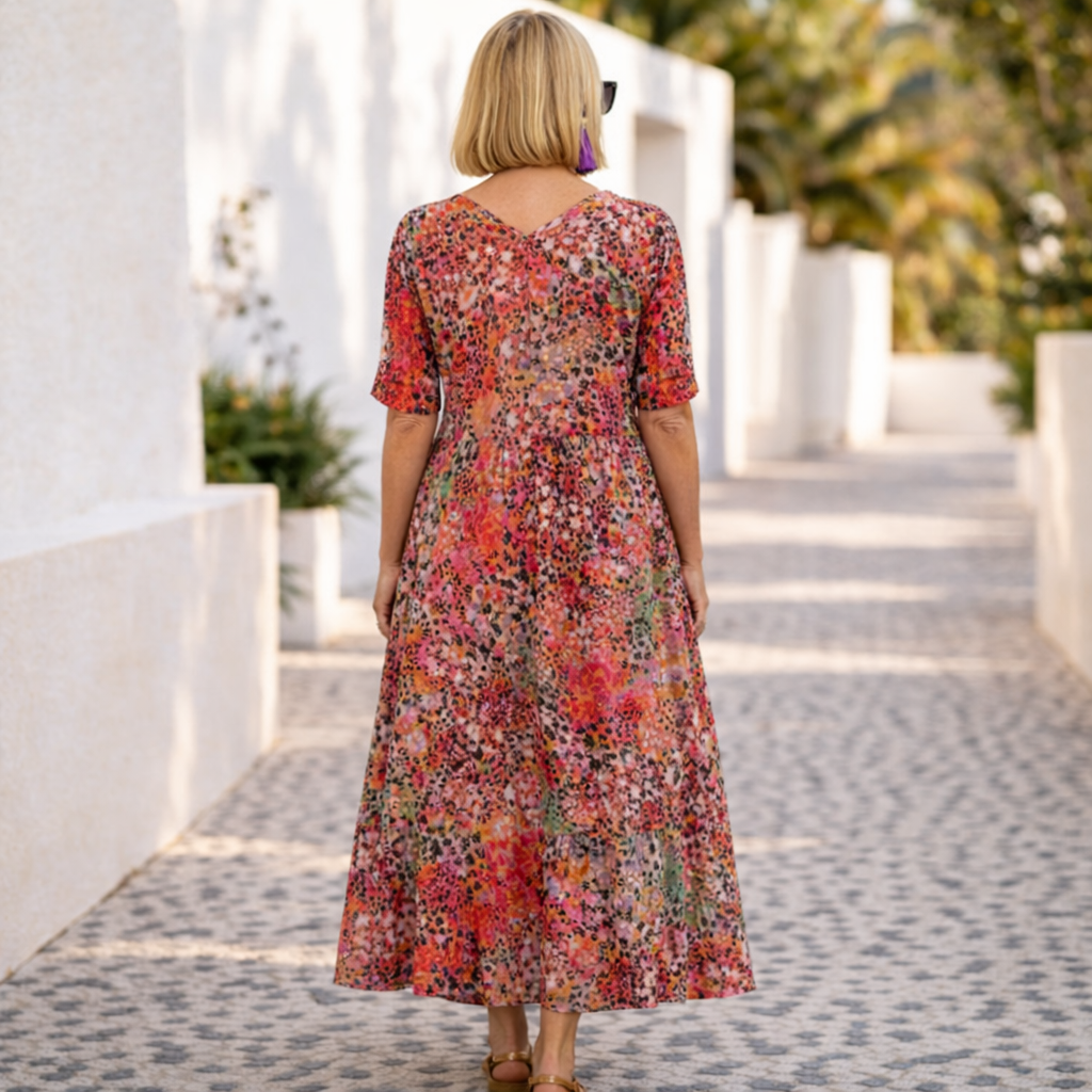 Red women's midi dress with a round neck, an elegant yet casual solid color versatile dress.