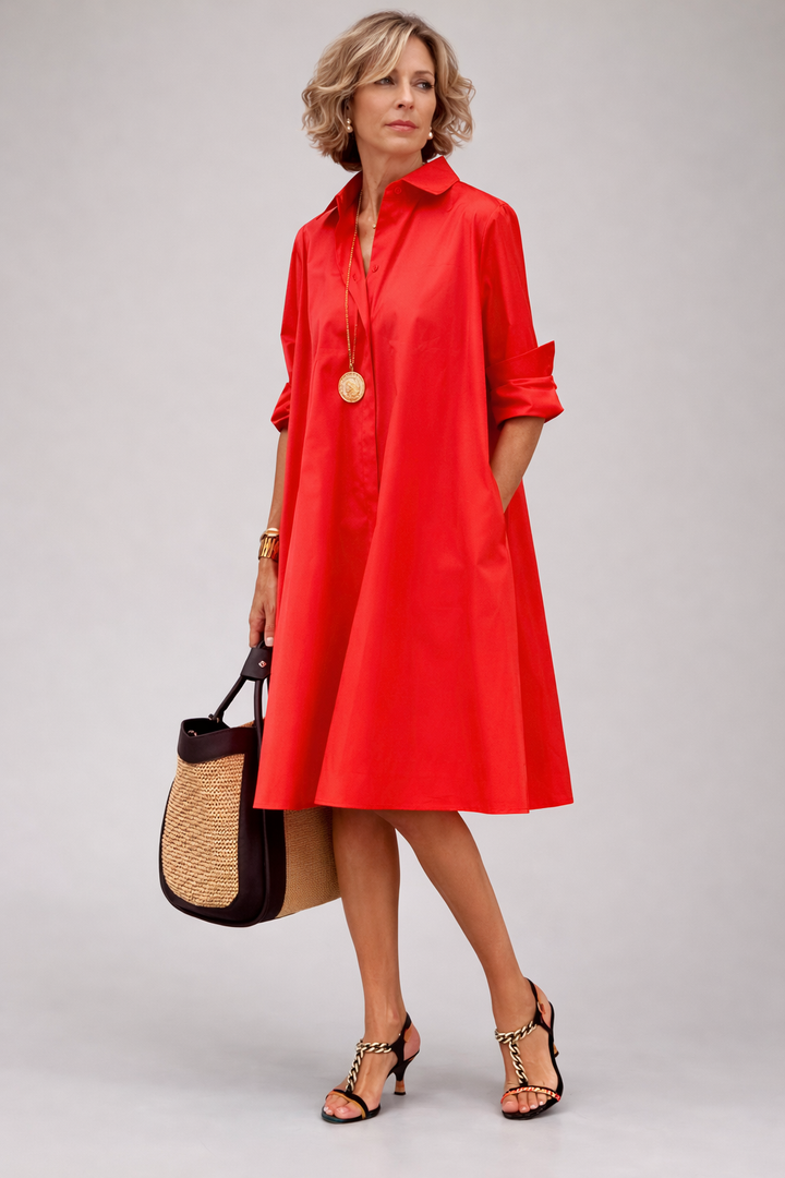 Versatile women's midi shirt dress, A-line silhouette for a casual elegant and timeless everyday look.