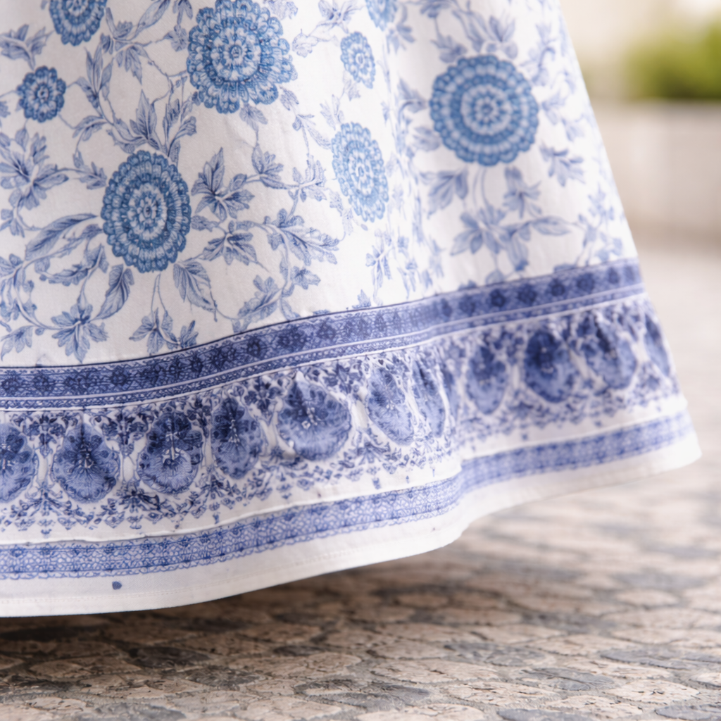 Flowing ladies' summer dress with vibrant floral pattern, ideal for a comfortable, elegant look.