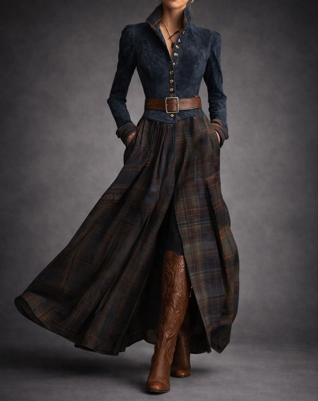 Elegant denim blue long-sleeve midi dress for women, bohemian style with belt, versatile for fall casual wear.