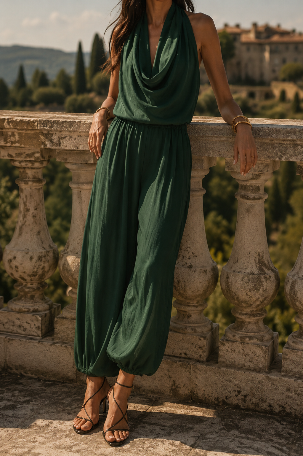Elegant women's midi dress with a chic draped neckline, perfect for special occasions or evening wear.