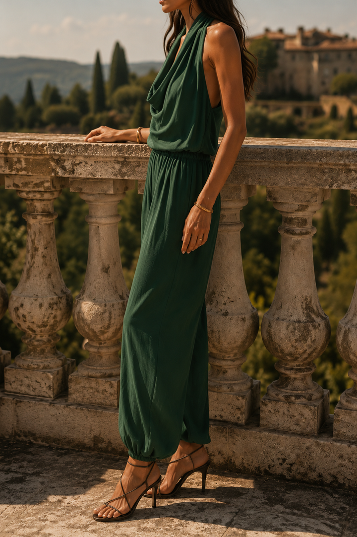 Flowy women's elegant draped midi dress, ideal for summer events, vacation, or chic evening attire.