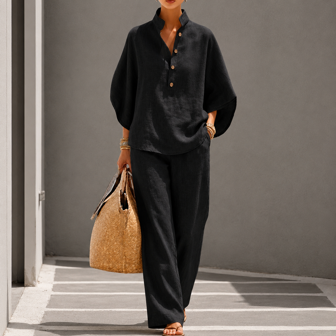 Versatile women's two-piece set, featuring wide-leg trousers, suitable for travel, loungewear, or summer fashion.