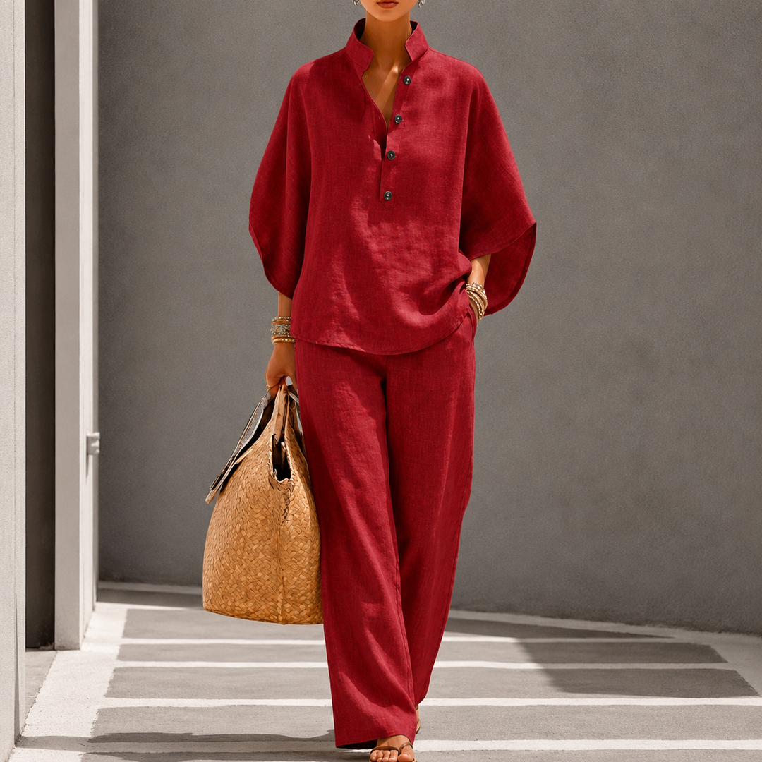 Chic women's wide-leg trousers and matching top set, offering a modern, relaxed, and elegant silhouette.