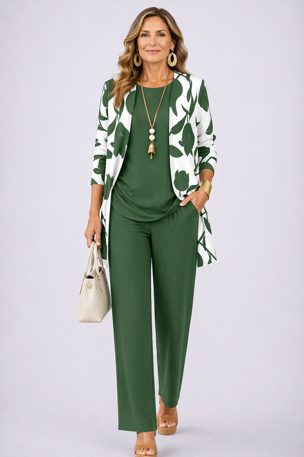 Women's relaxed fit green & white 3-piece co-ord set with cardigan & wide-leg trousers. Stylish casual wear.