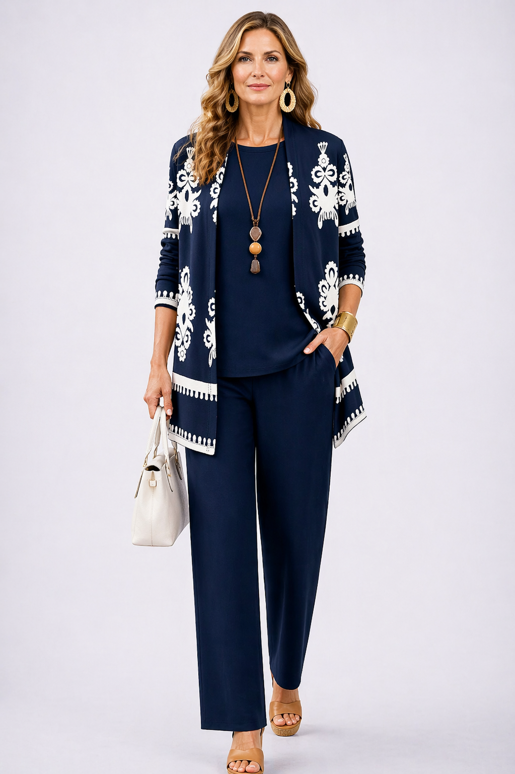 Elegant women's navy blue 3-piece coordinated set with wide leg trousers, perfect for stylish lounge wear or casual comfort.