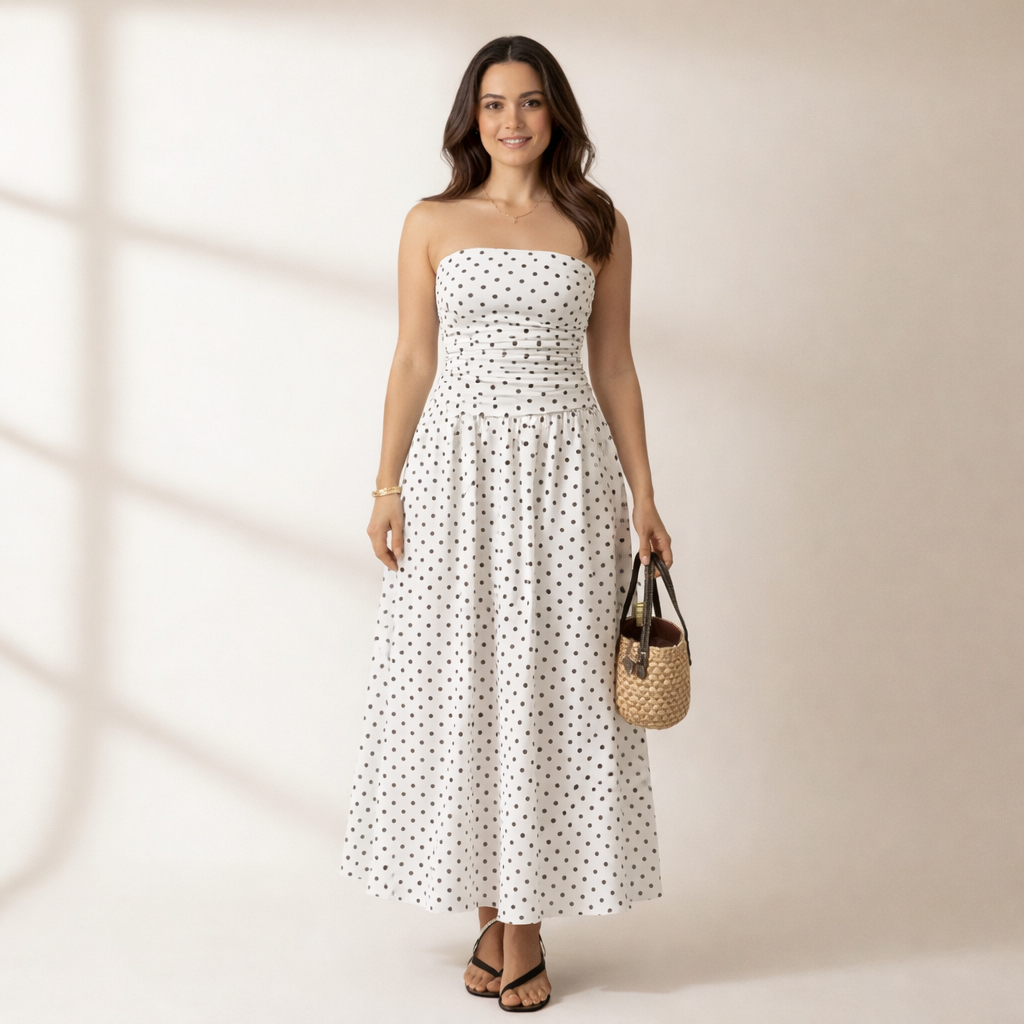 Women's elegant strapless polka dot maxi dress, perfect for summer parties & vacations. Chic timeless fashion.