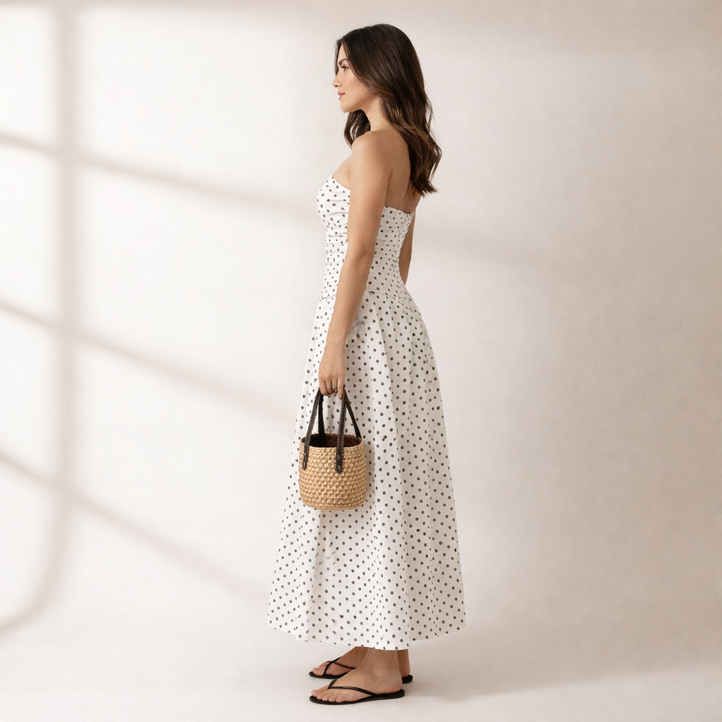 Flowy women's strapless polka dot maxi dress. Timeless design, ideal for elegant summer & vacation wear.
