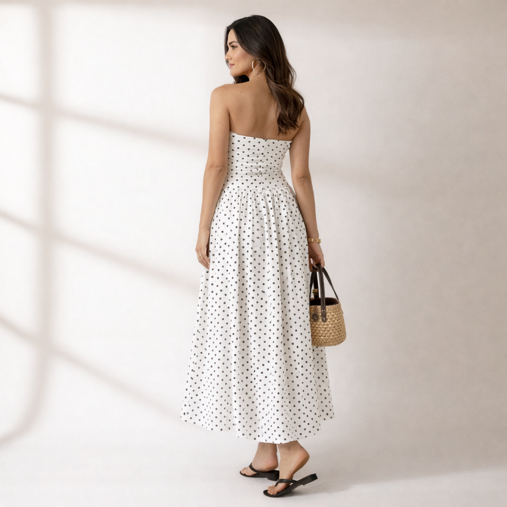 Chic women's strapless polka dot maxi dress for summer, vacation, or evening parties. Elegant casual fashion.