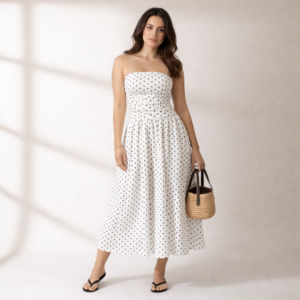 Stylish women's strapless polka dot maxi dress. Versatile for casual summer days or elegant evening events.