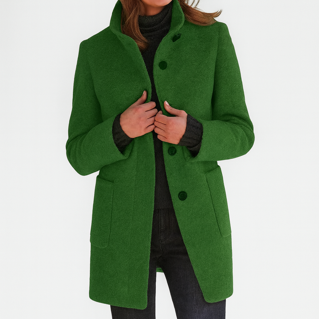 Side view of a women's straight cut mid-length coat, long sleeve, perfect for casual winter fashion.