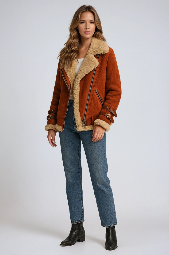 Women's classic pilot style winter jacket. Warm bomber outerwear, ideal for cold weather and stylish fashion.