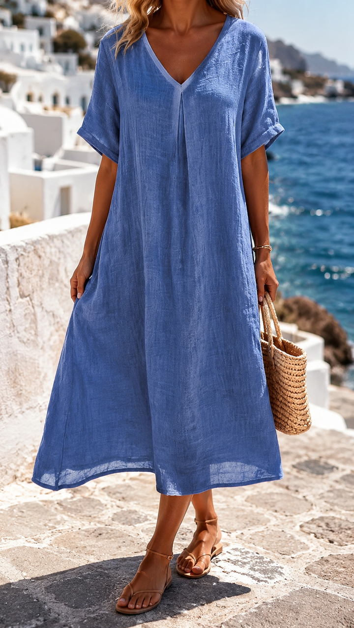 Elegant women's flowy Santorini shirt dress. Relaxed fit, perfect long summer dress for holiday wear.