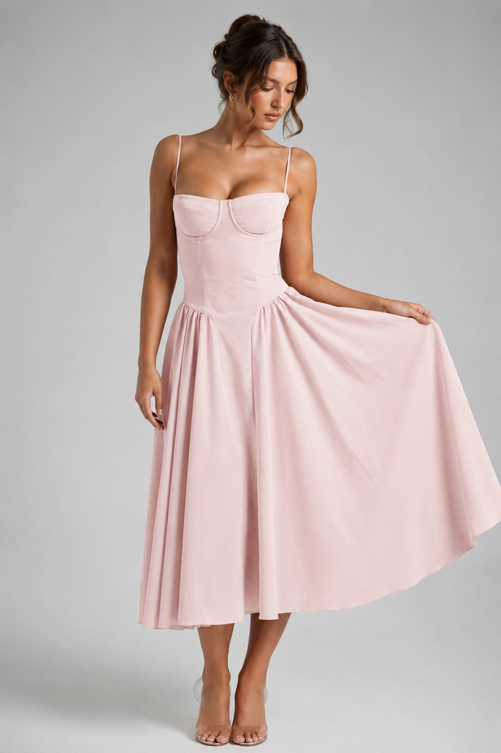 Elegant women's corset midi dress with full skirt & flattering lace-up back, perfect for occasions.