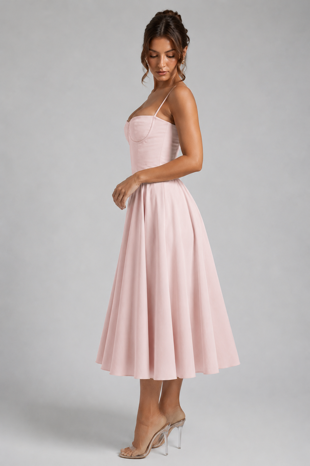Stylish women's midi corset dress, ideal for cocktail parties, wedding guests, or summer events.