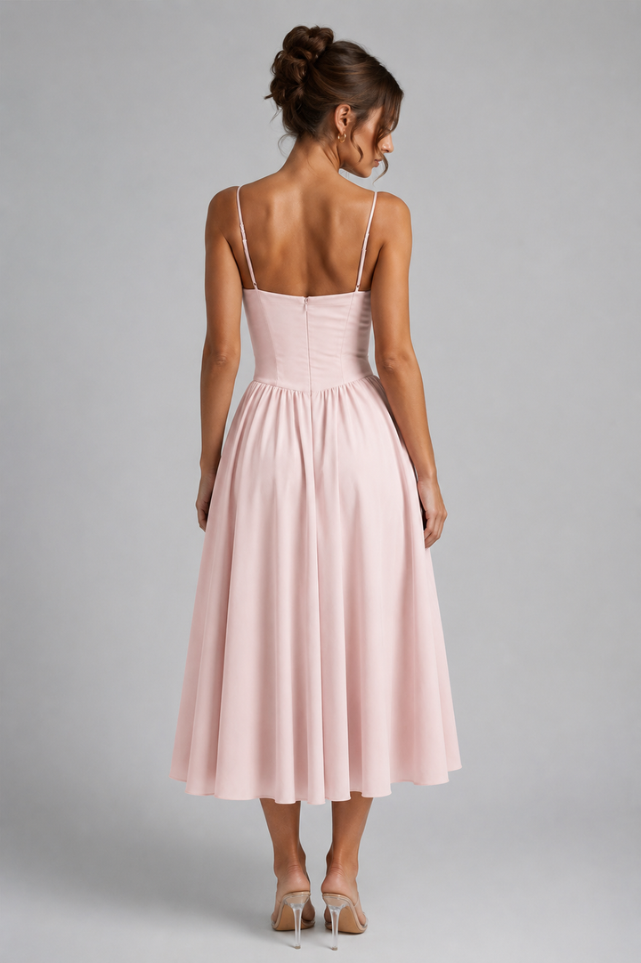Chic women's corset midi dress featuring a full skirt, lace-up back, and flattering silhouette.
