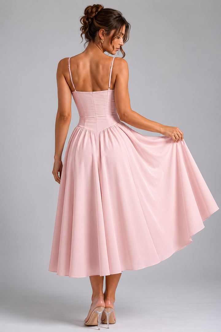 Women's summer corset midi dress, featuring a full skirt and stylish lace-up back, for parties.