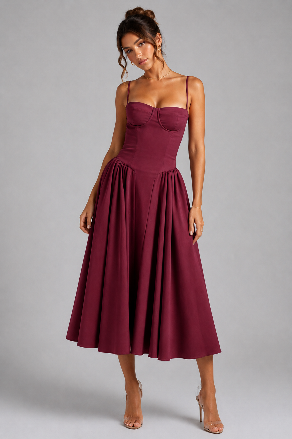 Beautiful women's full skirt corset midi dress with an elegant lace-up back for special events.