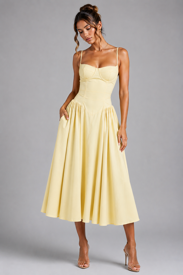Sophisticated women's elegant midi dress, a corset style with full skirt & chic lace-up back design.