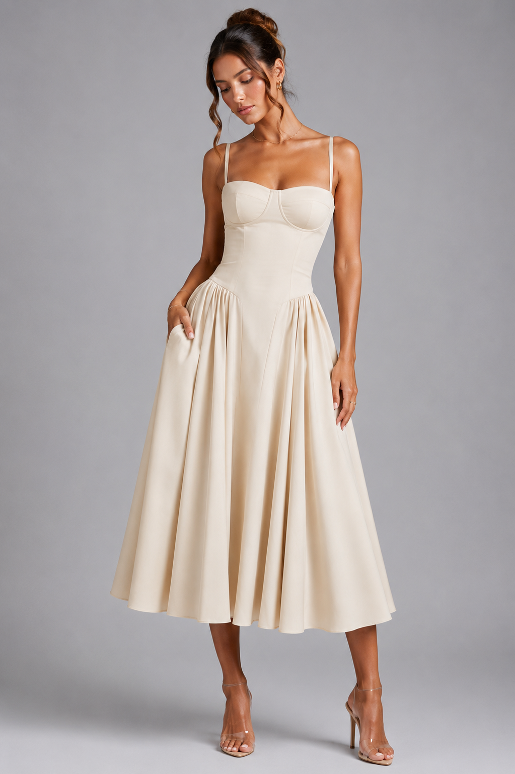 Flattering women's occasion wear: corset midi dress with full skirt, perfect for elegant summer parties.