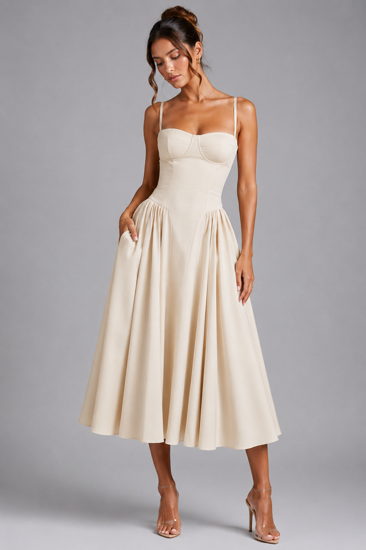 Flattering women's occasion wear: corset midi dress with full skirt, perfect for elegant summer parties.