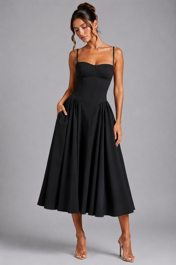 Women's elegant party dress: corset midi with voluminous skirt & adjustable lace-up back detail.