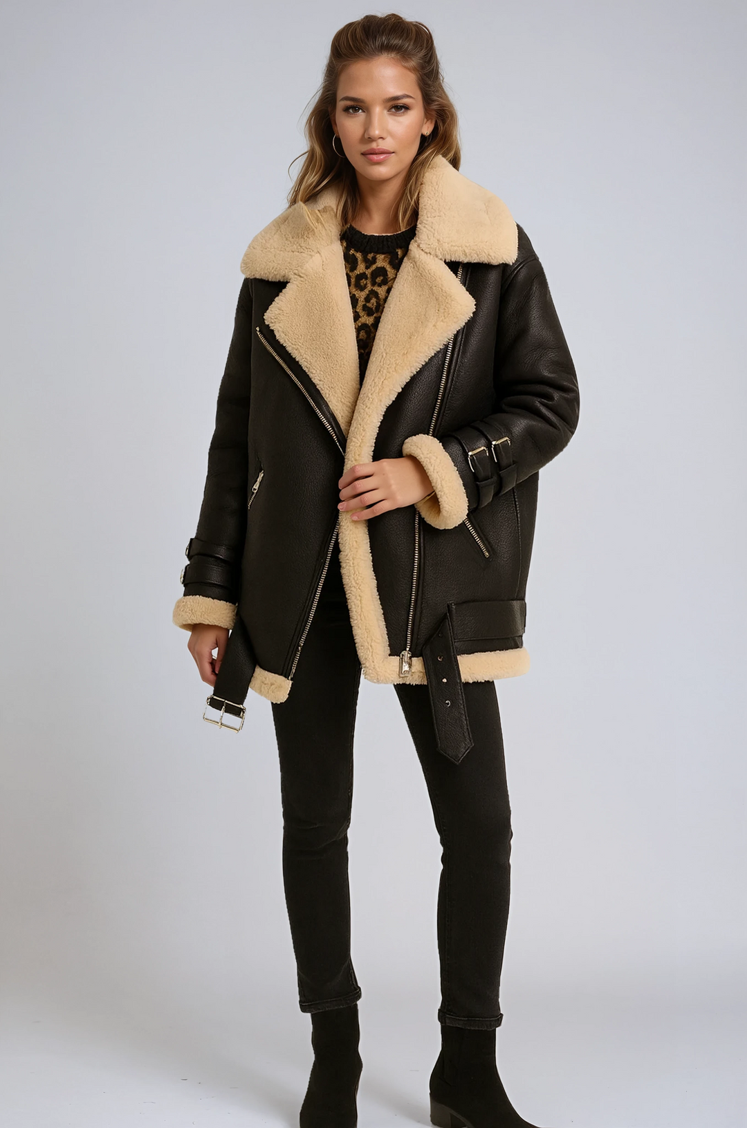 Stylish women's winter pilot jacket, warm bomber coat, perfect outerwear for elegant cold weather fashion.