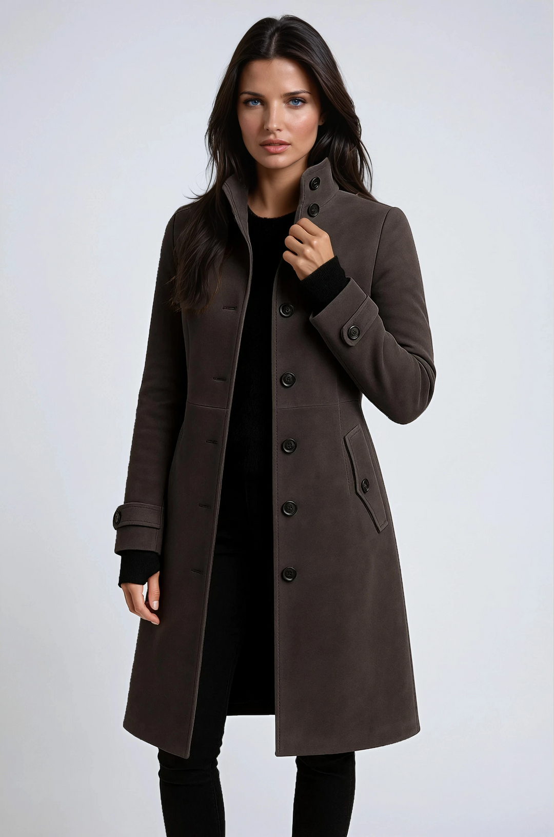Classic women's high-collared trench coat, a versatile and elegant long coat for winter and autumn fashion.