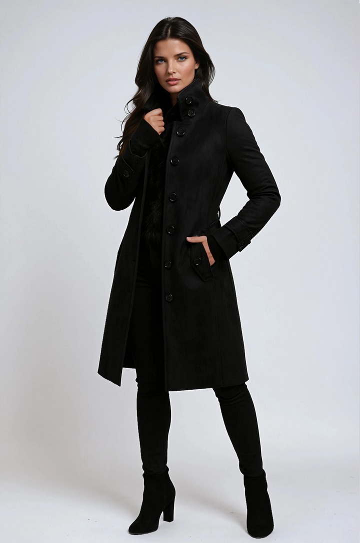 Elegant women's high-collared trench coat in classic style, perfect for sophisticated autumn and winter outerwear.