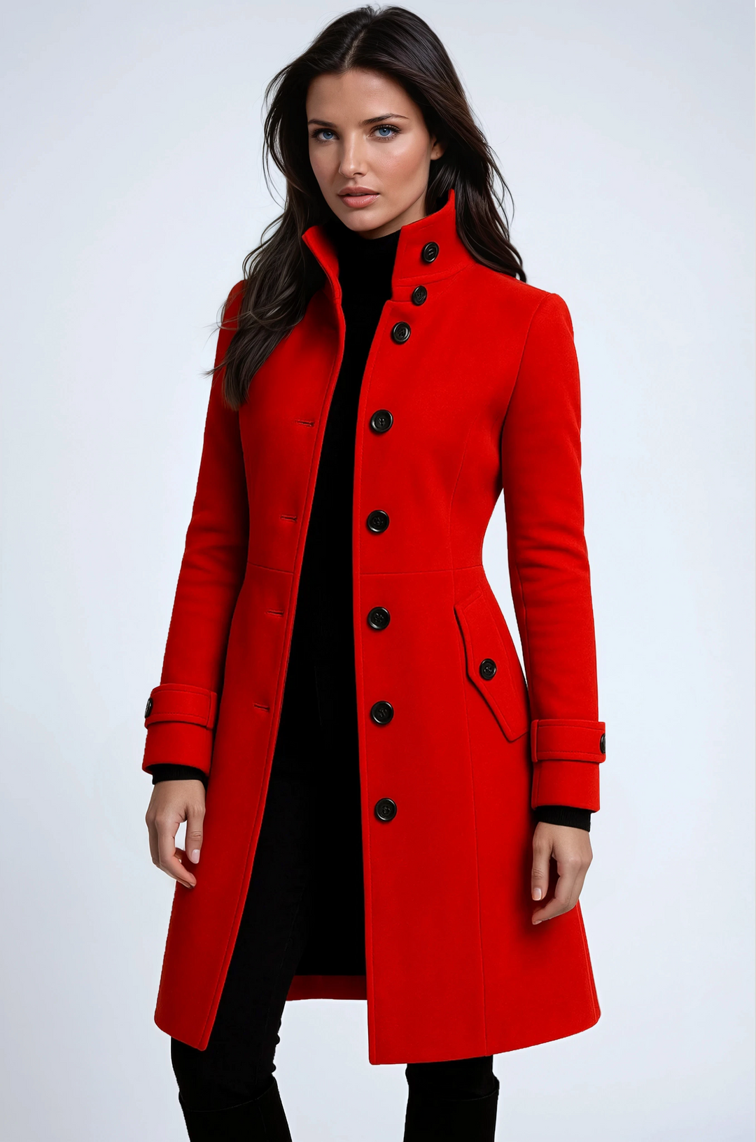 Fashionable long trench coat for women, featuring a high collar. Ideal elegant outerwear for ladies in autumn & winter.