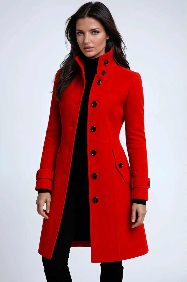 Fashionable long trench coat for women, featuring a high collar. Ideal elegant outerwear for ladies in autumn & winter.