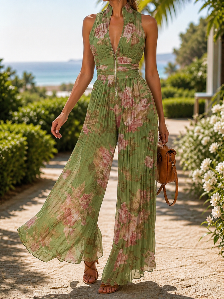 Elegant women's floral wide-leg V-neck jumpsuit, perfect for summer fashion & effortless style.
