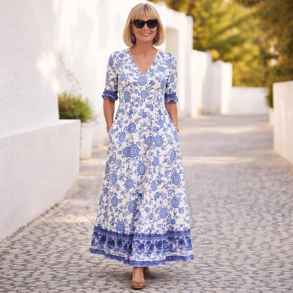 Elegant women's floral midi dress, perfect for summer casual or boho chic style with a flowing design.