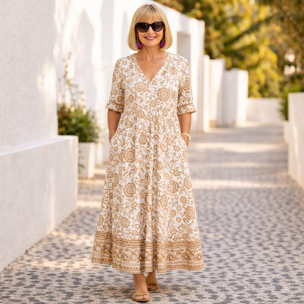 Boho chic women's floral dress with a flattering v-neck, combining comfort and effortless summer style.