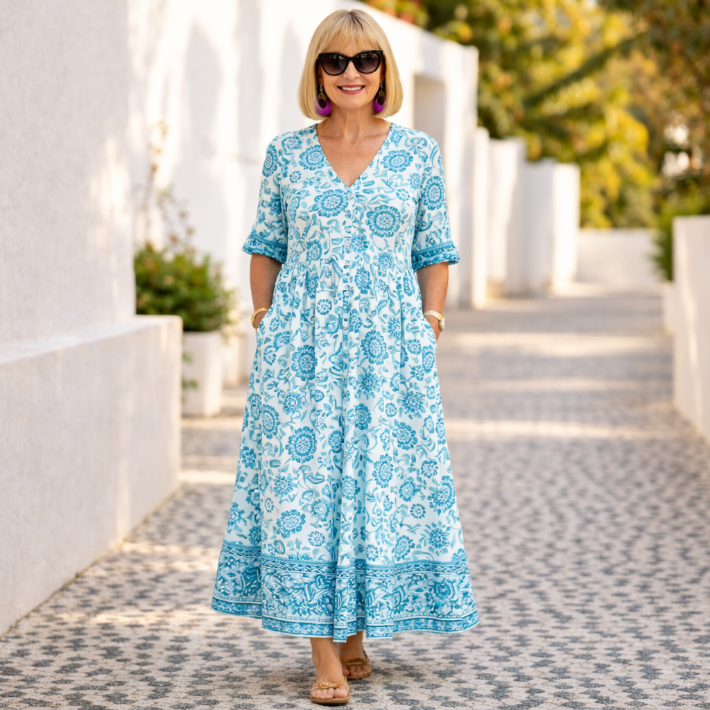 Stylish floral summer dress for women, designed with a breezy feel and a comfortable v-neck silhouette.